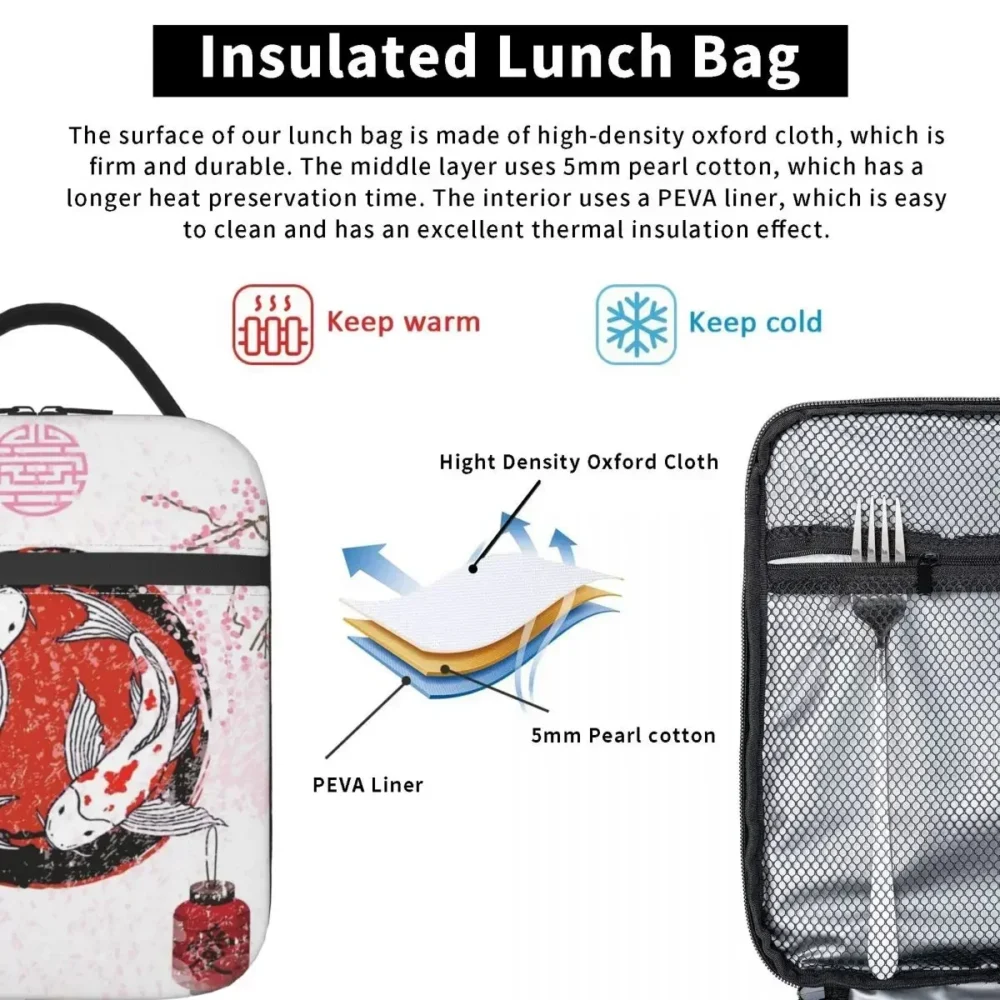 Cherry Blossom Koi Carp Fish Accessories Insulated Lunch Tote Bag For Office Food Container Portable Thermal Cooler Lunch Box - Image 5