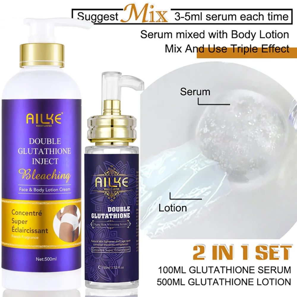 AILKE Glutathione 5-in-1 Women Skin Care Kit, With Body Lotion, Serum, Dark Spot Removal Cream, Body Cream, Brightening Soap - Image 2